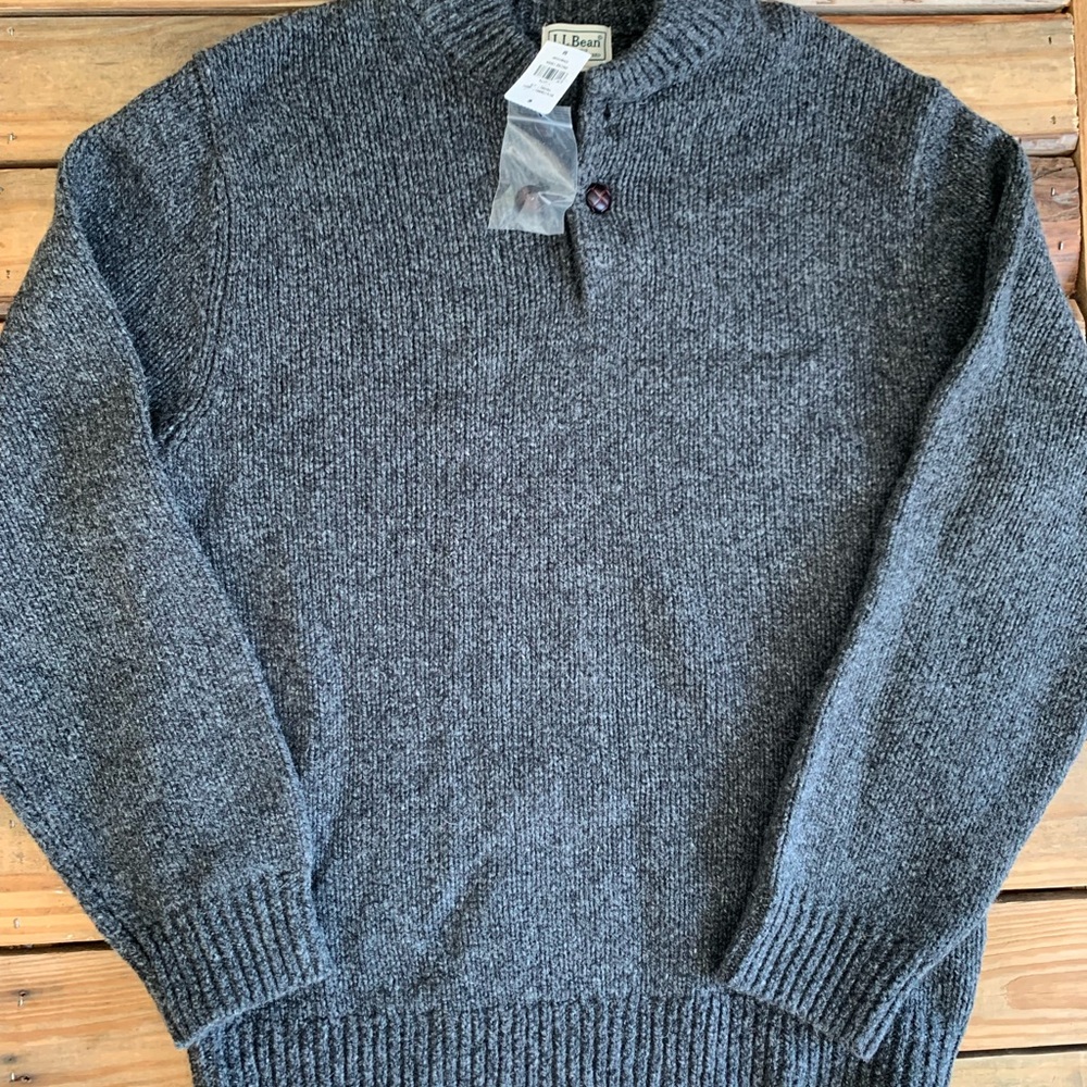 Nwt LL Bean 100% Lambswool Classic Ragg Henley Sweater Charcoal Medium 285174